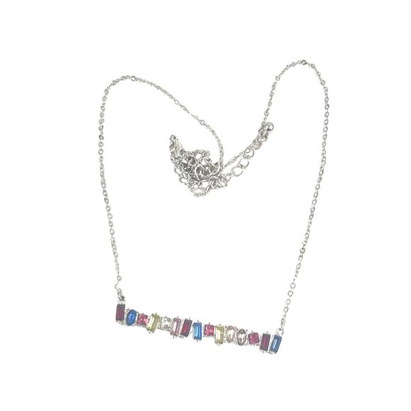 Silver-Tone Chain Necklace With Multi-Color Gem Accents & Abstract Bar Pendant - Picture 5 of 10